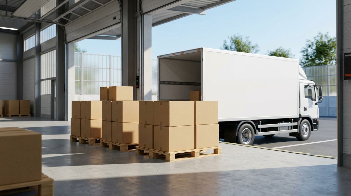 Cartons on pallets at a factory loading dock, ready for a truck, with no brand names visible
