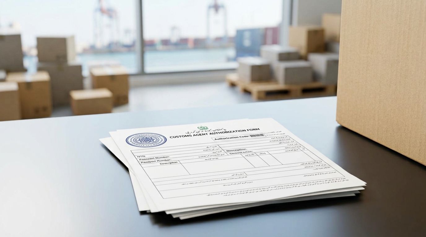 Shipping documents laid out for a Pakistan customs file