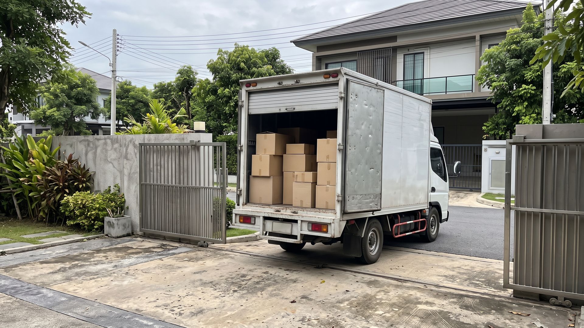 A closed delivery truck at a residential gate, with cartons visible at the back