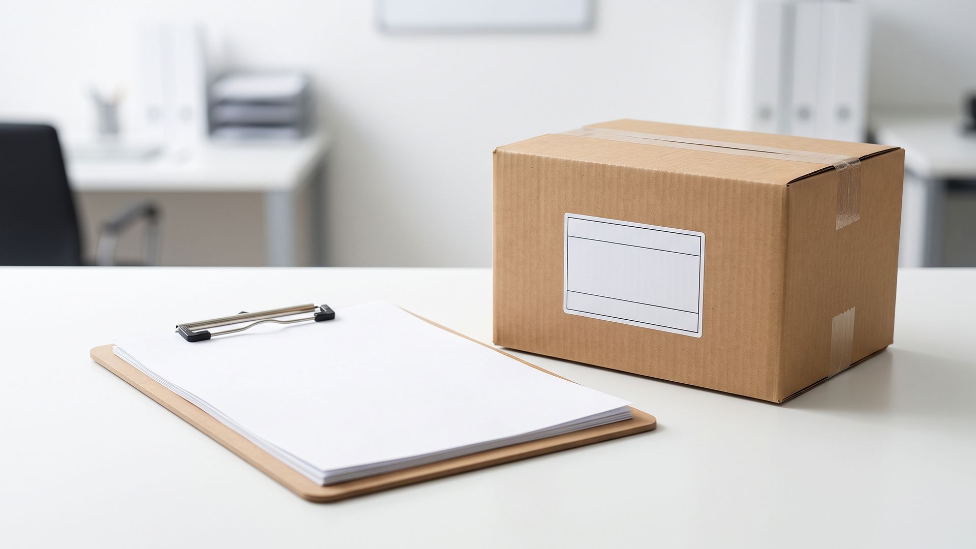 A commercial invoice and a packing list on a clipboard next to a labelled export carton