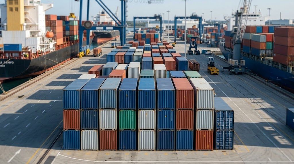 Containers staged for sea freight from a Pakistan port