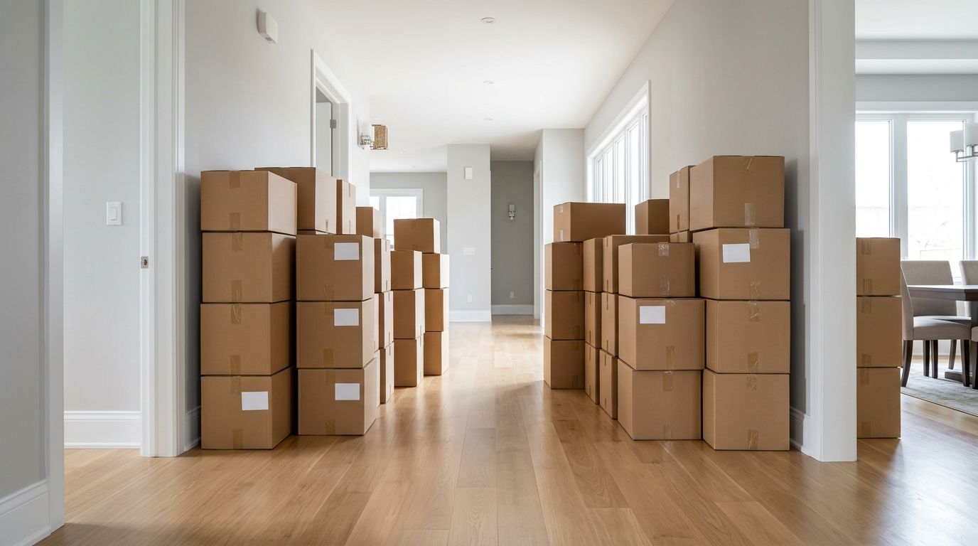 Rooms of a house packed into labelled cartons before a move