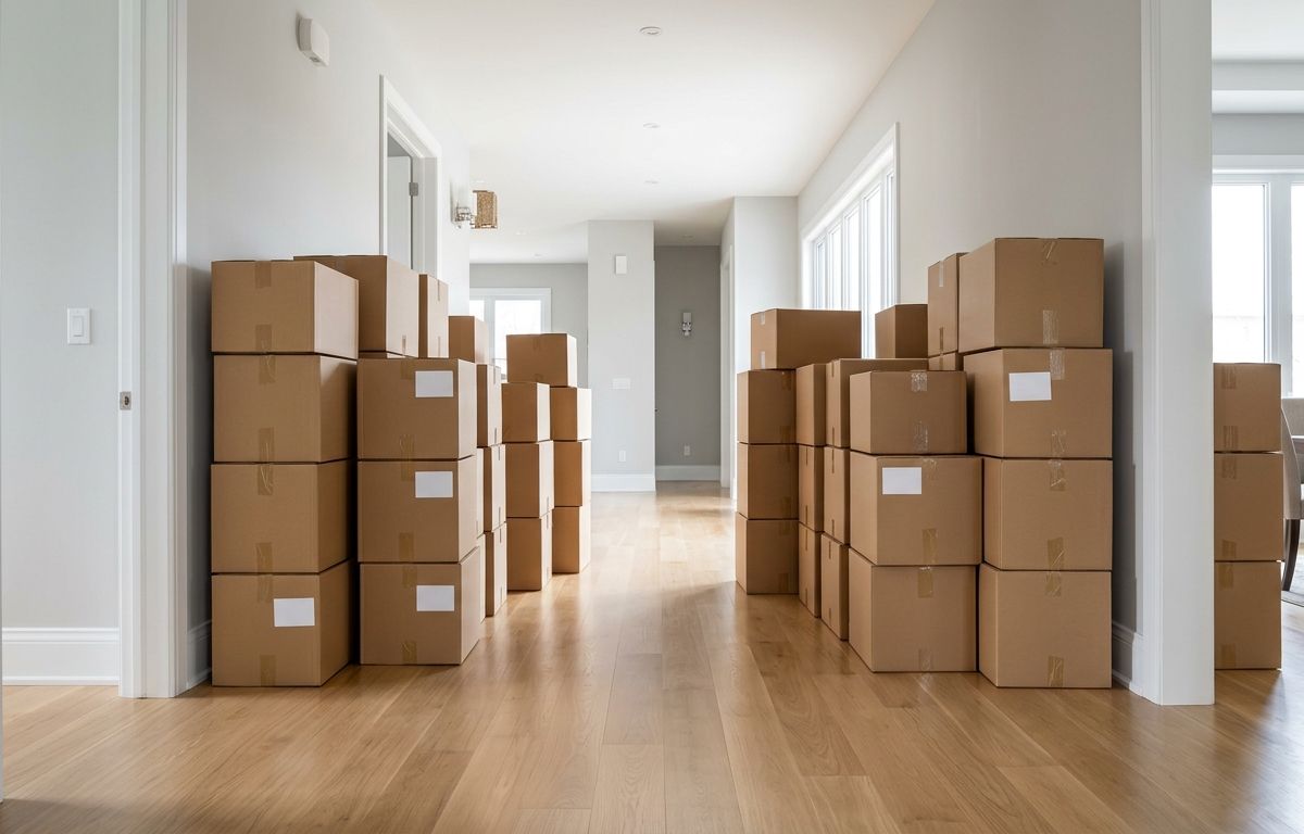 Rooms of a house packed into labelled cartons before a move