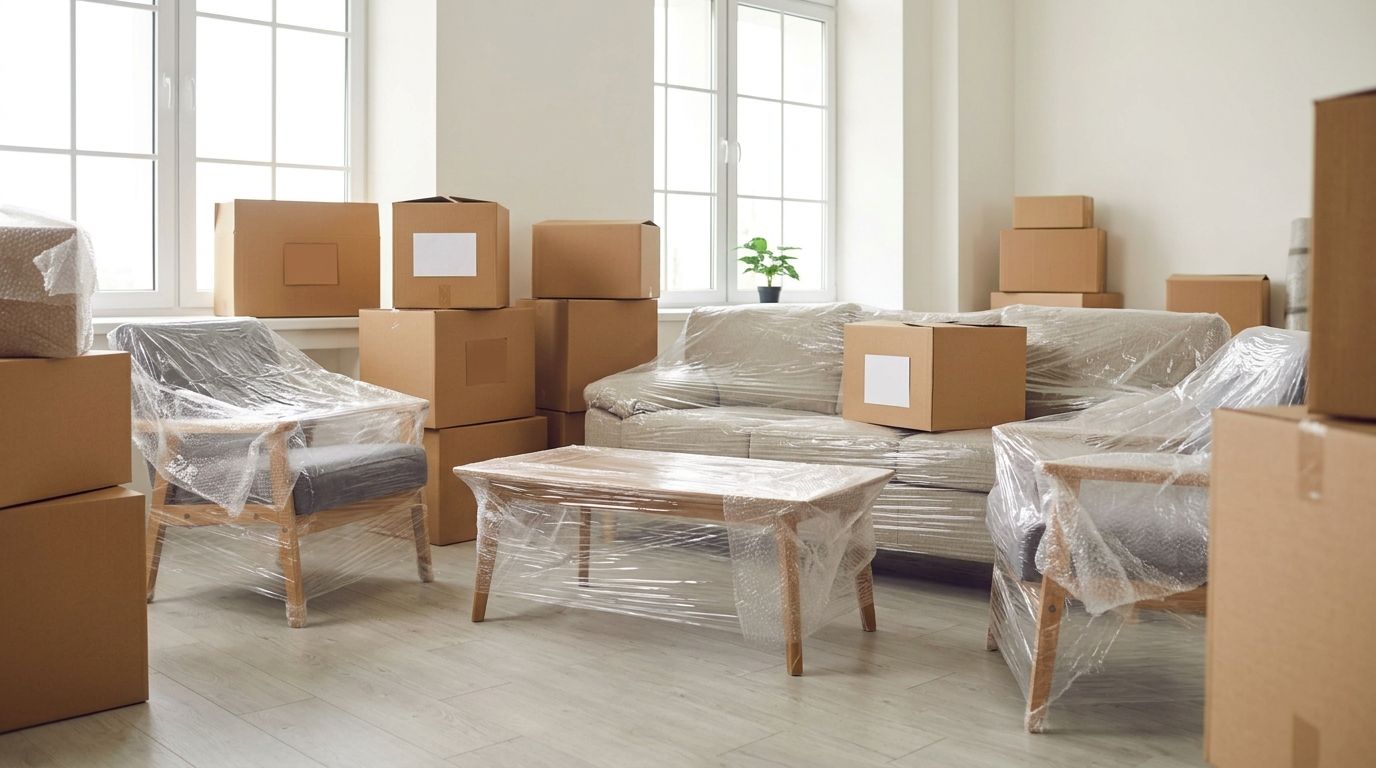 Wrapped furniture and labelled cartons in a living room on moving day, with no faces shown