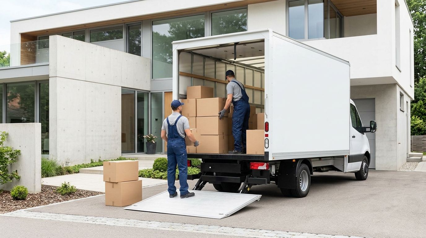 A moving crew loading labelled cartons into a truck outside a house