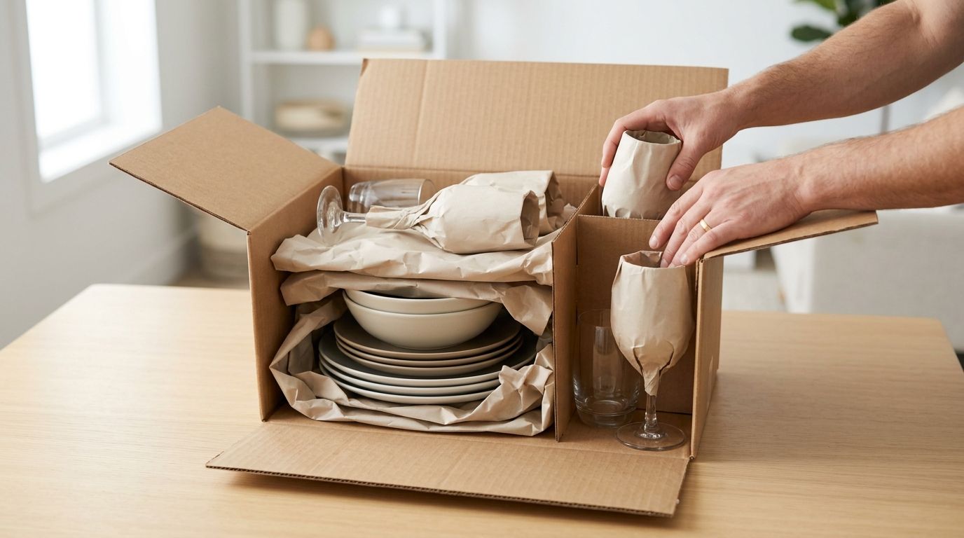 Glass and dishes wrapped and boxed for a household move