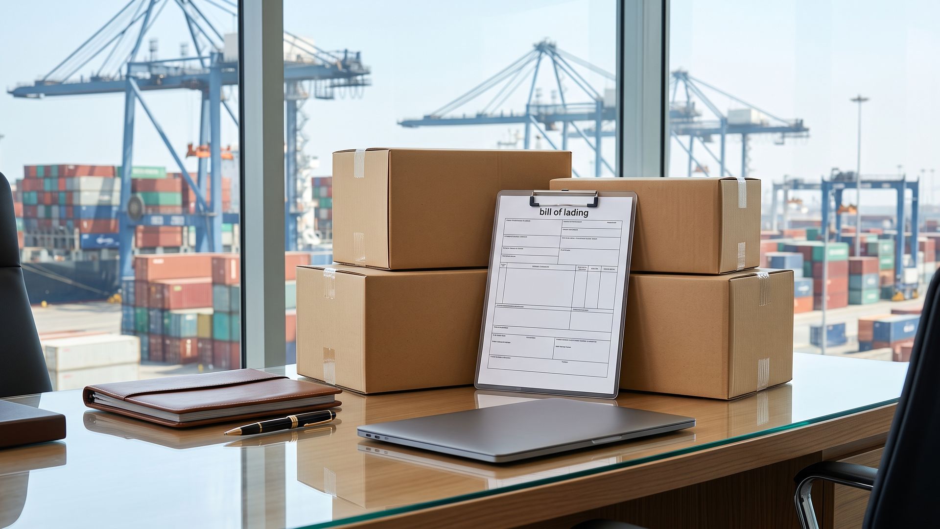 Export cartons and a bill of lading on a desk before a sea shipment