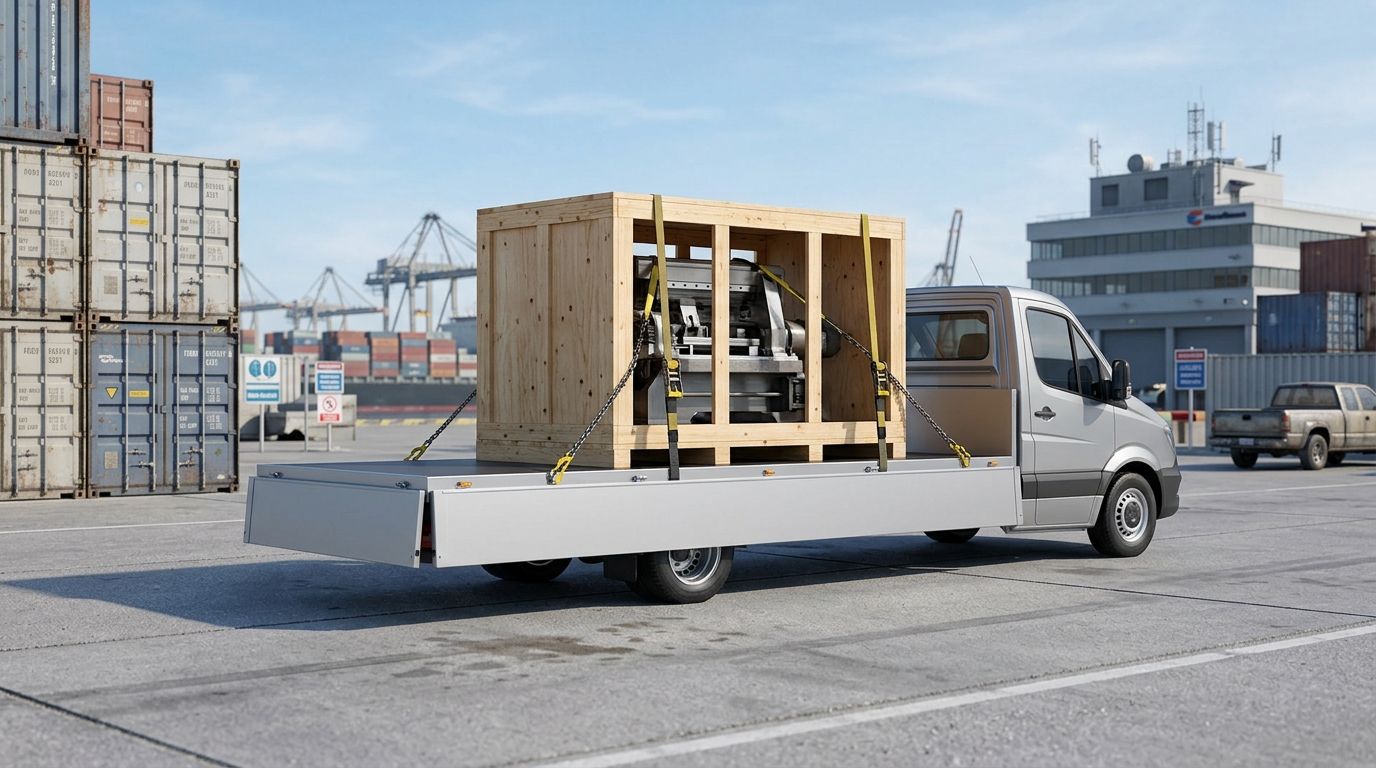 A crated machine on a flatbed trailer at a factory yard, with no company names visible