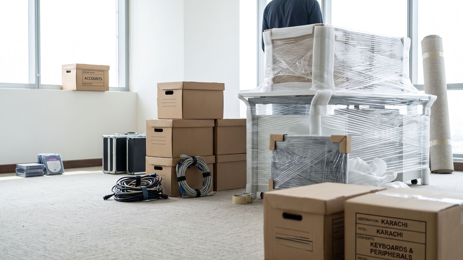 Labelled archive boxes and a wrapped desk in an empty office, with no people facing the camera