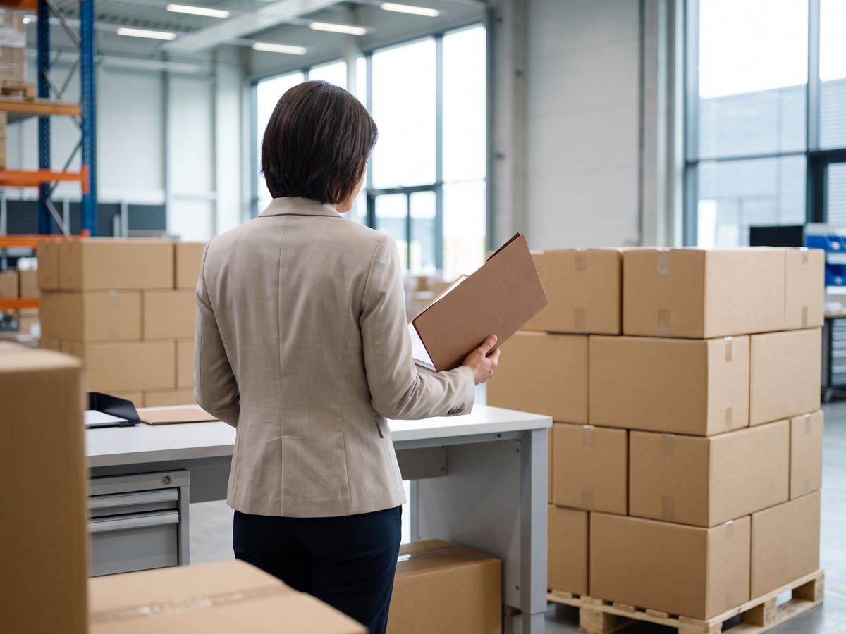 A coordinator checking a shipment file beside stacked cartons, face turned away