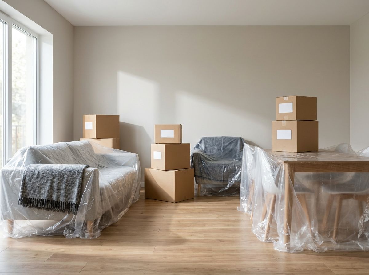 Wrapped furniture and labelled cartons staged in a room before a household move