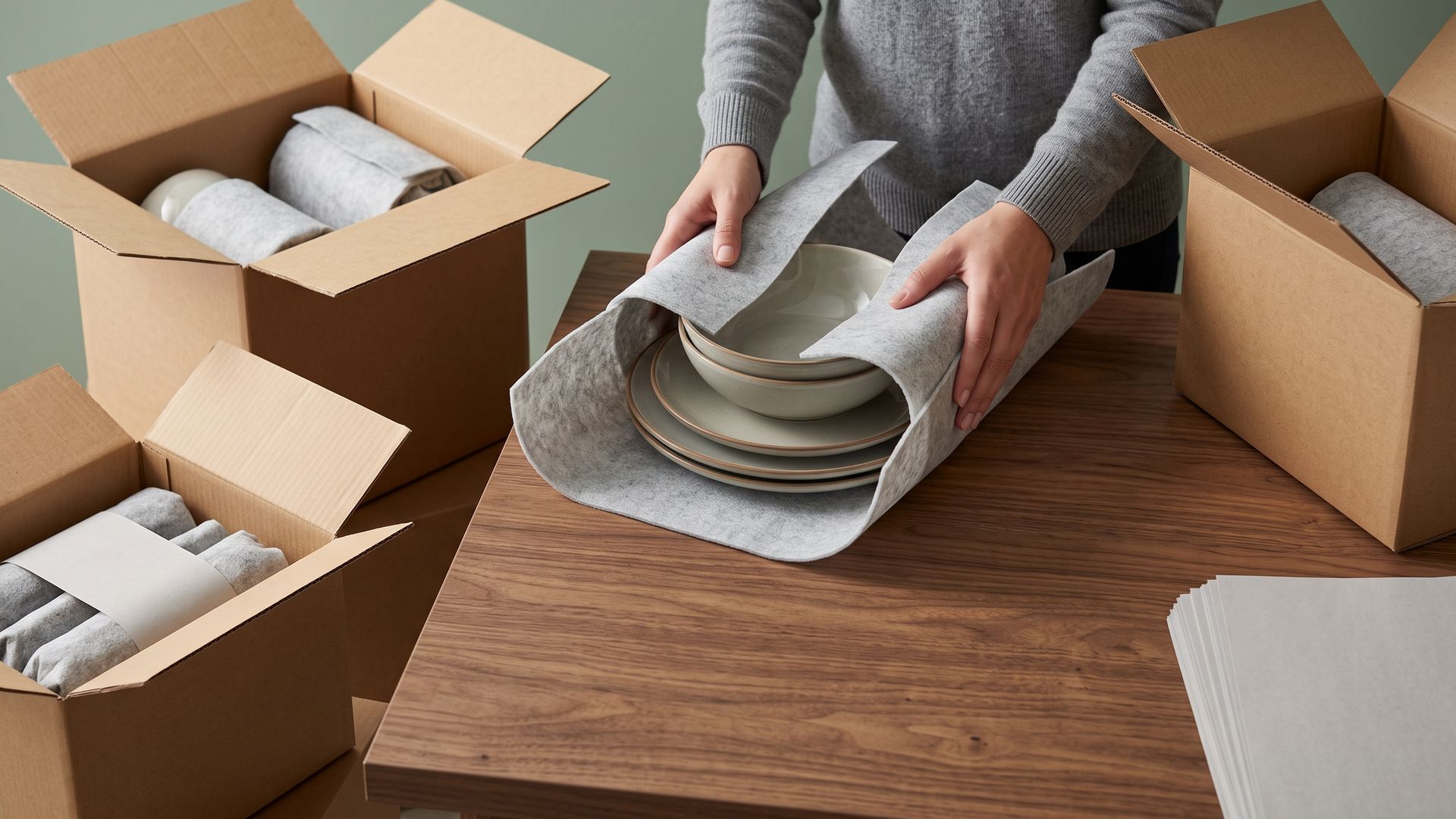 Foam and paper being wrapped around crockery on a table, with cartons open beside it