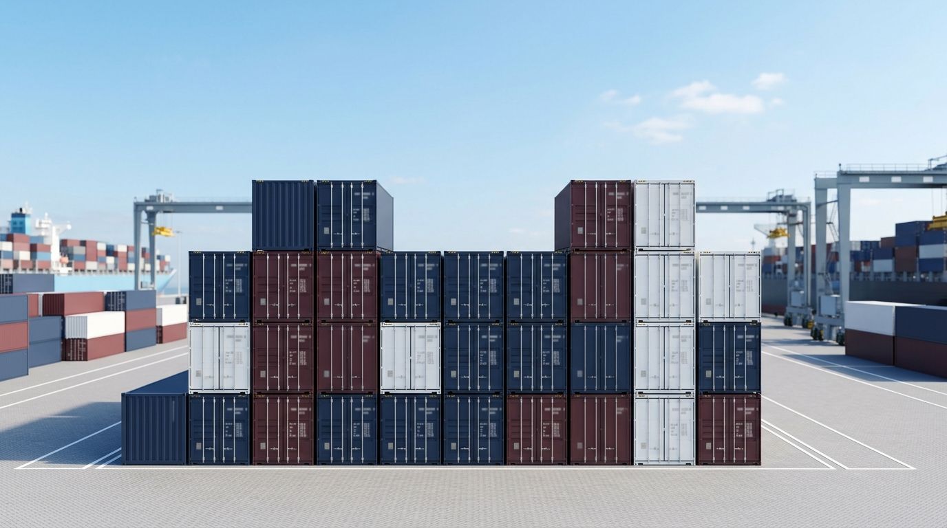 Containers stacked in a seaport yard, with no shipping-line logos readable