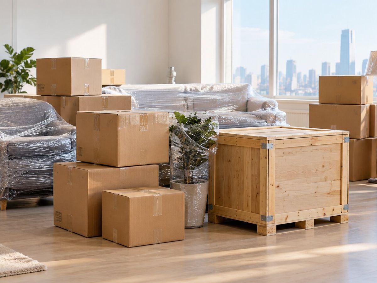 Household cartons and wrapped furniture prepared for an overseas move