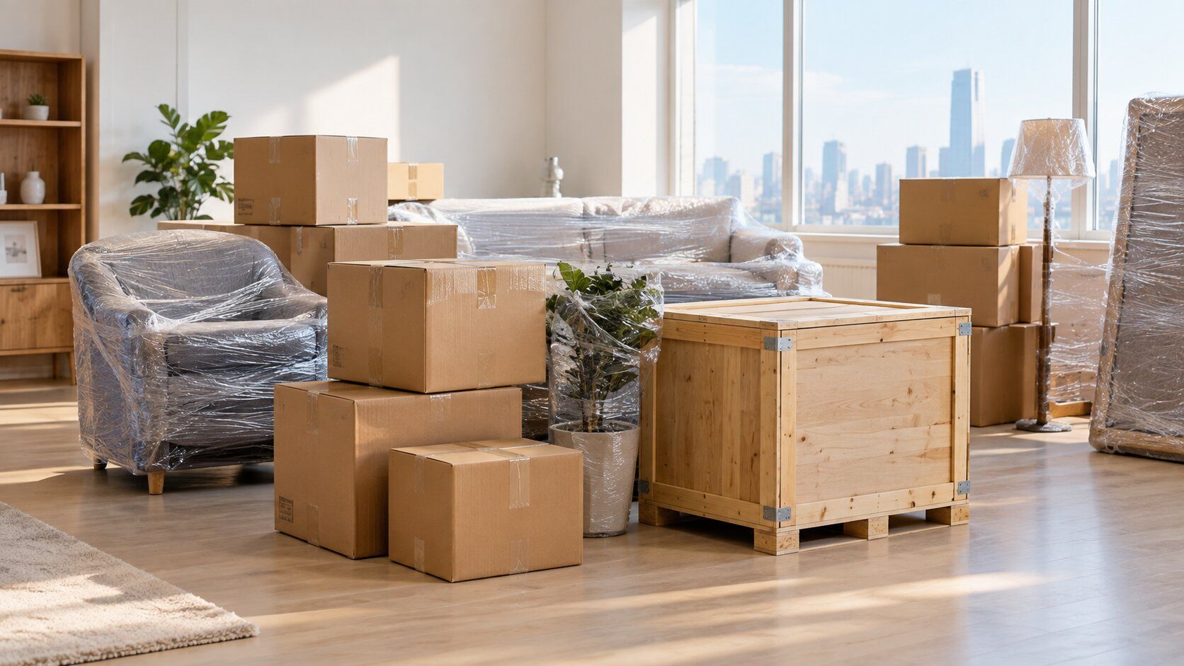 Household cartons and wrapped furniture prepared for an overseas move