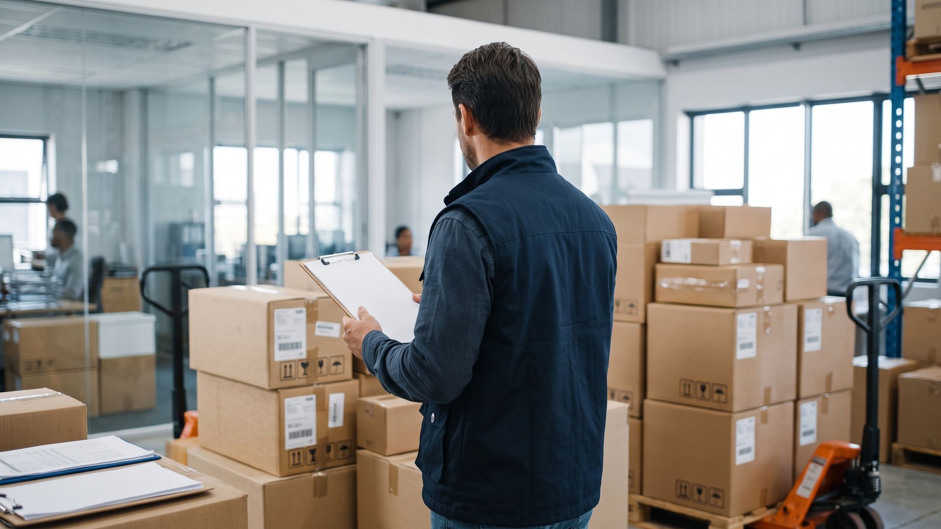 A coordinator checking a cargo plan beside stacked export cartons